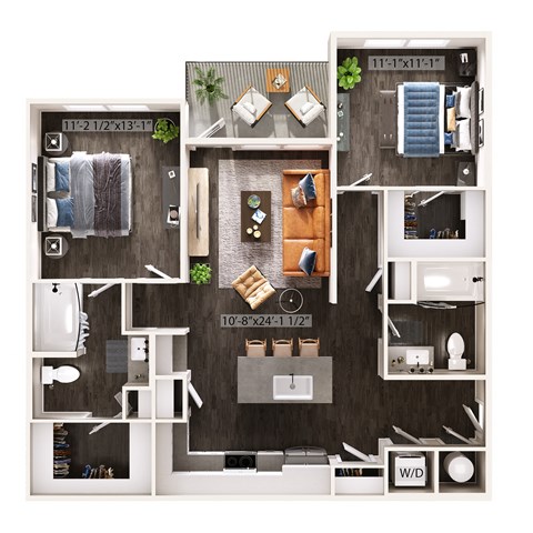 Floor plan for 2 beds, 2 baths, 1068 sqft